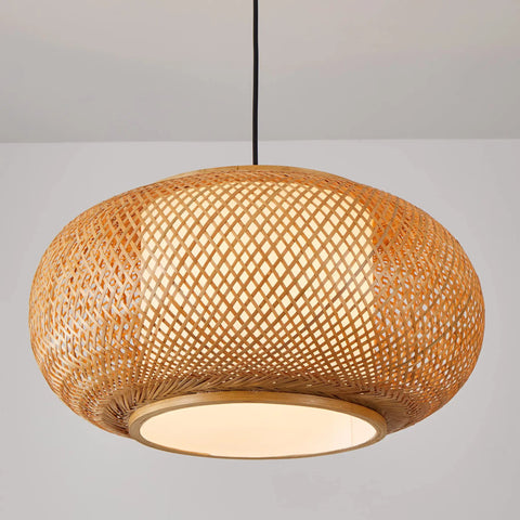 Basket Weave Bamboo Pendant Light With Natural Rattan Shade, 15 Inch Single Bulb Chandelier For Kitchen Island Or Nursery, E26 Bulb Included