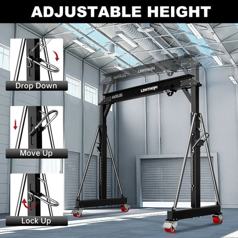 Beefy 3 Ton Gantry Crane 6600 Lb Portable Shop Hoist with adjustable height feature shown in a garage setting.