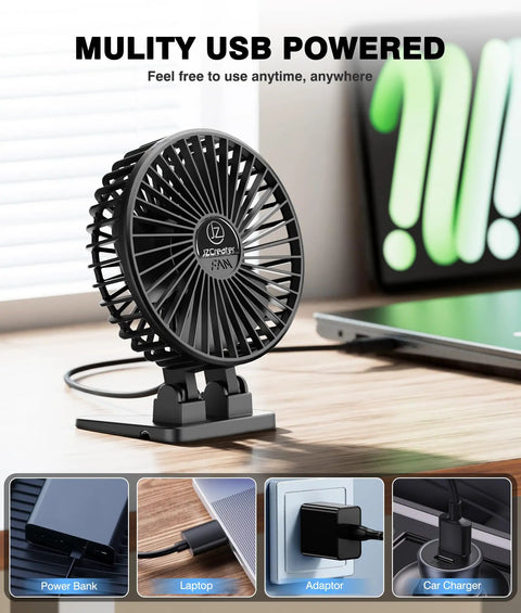 Compact USB Desk Fan Mini Portable With 3 Speed Settings Plug In Power 360 Degree Rotation Quiet Brushless Desktop Cooling