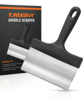 Heavy Duty Stainless Steel Griddle Scraper with Five Inch Handle showing front view with packaging