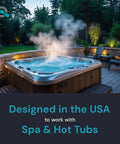 Outdoor hot tub steaming in a backyard setting, surrounded by trees and seating, used with Digital Spa Water Test Kit.