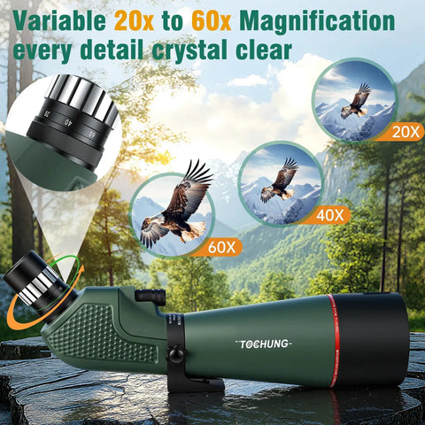 20 To 60x80 HD Spotting Scope With Waterproof Build For Long Range Viewing High Powered Telescope With Fully Multicoated Optics Crystal Clear Image And Wide Field Of View For Birding And Outdoor Adventures, angled side view
