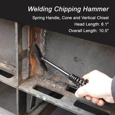Welding chipping hammer with spring handle used to chip slag from a weld on a rusty metal frame.