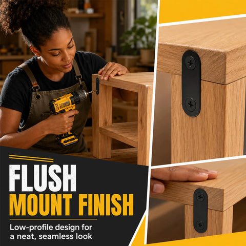 Woman using a drill to install Heavy Duty 100 Piece Stainless Steel Flat Plate Straight Brackets 36mm To 76mm Tough As Nails Corner Brace Kit.