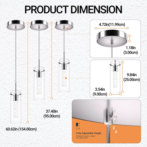 Product dimensions of Bubble Glass Crystal Pendant Lights 3-Pack For Kitchen Island, showing sizes and adjustable height.