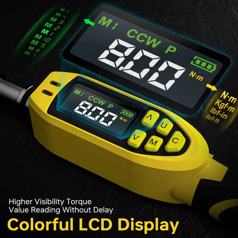 Pro Grade Digital Torque Screwdriver Kit with LED alerts and display showing torque value, yellow handle with buttons