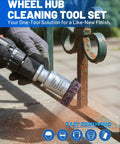 Drill Powered Wheel Hub Cleaning Tool With 3 Cleaning Pads For Rust Removal On Lug Studs And Brake Rotors in use