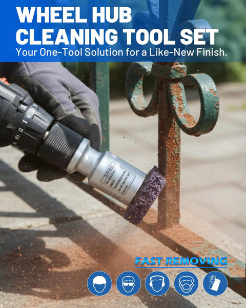 Drill Powered Wheel Hub Cleaning Tool With 3 Cleaning Pads For Rust Removal On Lug Studs And Brake Rotors in use