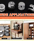 Three In One Furniture Connecting Hardware Kit With Cam Locks And Dowels, 270 Pcs Including Cam Lock Nuts, Pre Inserted Nuts, Wood Dowels And Pins For Easy Flat Pack Assembly And DIY Projects, showing cam locks and their applications in cupboard, table, and wardrobe assembly.