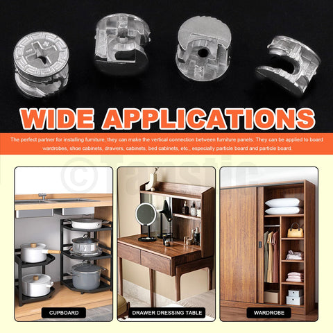 Three In One Furniture Connecting Hardware Kit With Cam Locks And Dowels, 270 Pcs Including Cam Lock Nuts, Pre Inserted Nuts, Wood Dowels And Pins For Easy Flat Pack Assembly And DIY Projects, showing cam locks and their applications in cupboard, table, and wardrobe assembly.