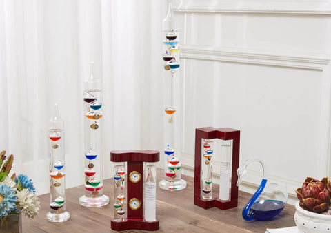 Cool Indoor Weather Station With Glass Galileo Thermometer And Five Multicolor Balls From 64F To 80F in cherry wood frame