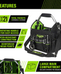 12 Inch Pro Tool Tote With Rotating Handle For Easy Access, Water Resistant Construction, Black, Durable Tool Bag With Large Compartments