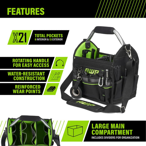 12 Inch Pro Tool Tote With Rotating Handle For Easy Access, Water Resistant Construction, Black, Durable Tool Bag With Large Compartments