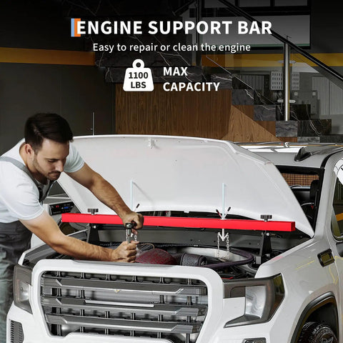 Engine Support Bar 1100 Lb Capacity With Dual Hooks And 2 Point Lift Transverse Engine Hoist For Home Garages And Auto Repair Shops Red Workhorse Tool For Engine Removal And Transmission Work. 1100 lb steel bar over truck engine bay
