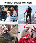 Collage of outdoor and cozy settings showcasing Five Pairs Merino Wool Socks for Men Ultra Thick Thermal Hiking Socks for Cold Weather Cushioned Comfort and Warmth Durable Hiking Gear for Snowy Outdoor Adventures.