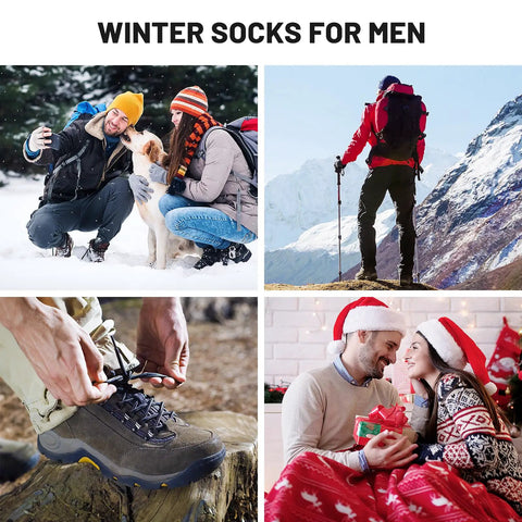 Collage of outdoor and cozy settings showcasing Five Pairs Merino Wool Socks for Men Ultra Thick Thermal Hiking Socks for Cold Weather Cushioned Comfort and Warmth Durable Hiking Gear for Snowy Outdoor Adventures.