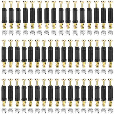 Top Shelf Eccentric Cabinet Connectors, 50 Pairs Of M6 X 40 Mm Zinc Alloy Screw In Dowels, No Sweat Assembly For 19 Mm Panels, Built Tough Quick Hardware Kit For Any True DIY Legend - close-up of dowels and cam fittings.