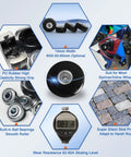 Set of images showing features of Eight Pack Luggage Wheel Replacement Set 50X14Mm Swivel Casters with PU rubber, bearings, and wear resistance.