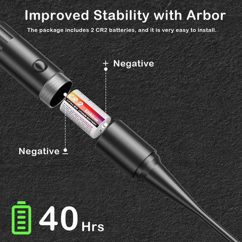 Pro Grade Red Laser Bore Sight Kit With 32 Adapters battery installation showing CR2 battery placement and polarity