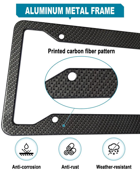 Close-up of Dope Carbon Fiber Look License Plate Frames 2 Pack Matte Black Aluminum Car Tag Holder with carbon pattern design.