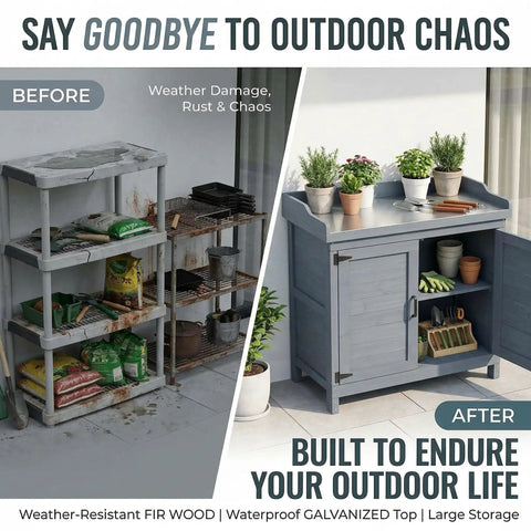 All Weather Wood Garden Storage Cabinet With Built In Workbench And Potting Table Waterproof Tool Shed For Outdoor Lawn And Patio