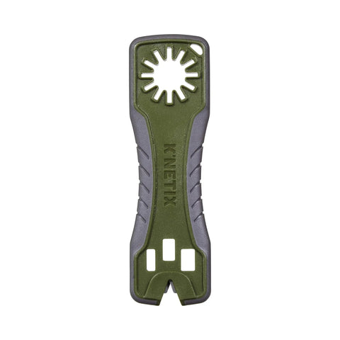 3 In 1 Broadhead Wrench And Sharpener For Archery, On The Go Grip Ready Multipurpose Tool in gray and olive, front view