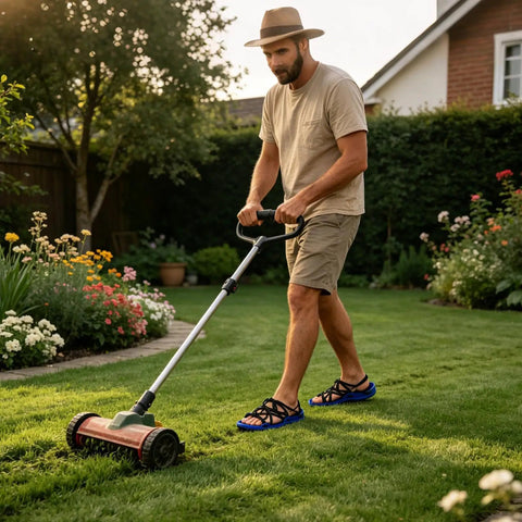 Man using push lawn aerator wearing Lawn Aeration Sandals With Adjustable Fit, Heavy Duty Spike Shoes for Easy DIY Lawn Care