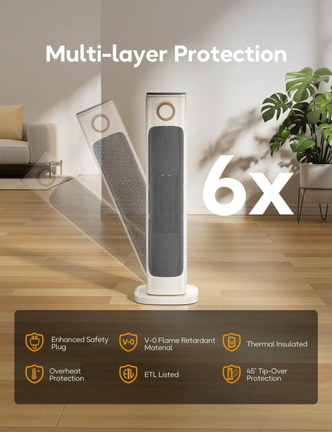 Instant Heat 1500W Infrared Tower Space Heater with Remote featuring multi-layer protection and tip-over safety in a living room.