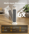 Infrared Patio Heater And Fan Tower For Indoor Use With Remote 1500W, showing safety features and tip-over protection in living room.