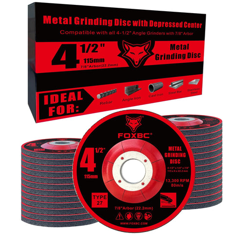 Front view of FOXBC 4-1/2 in aluminum oxide depressed-center grinding discs, Type 27, 25-pack with stacked wheels