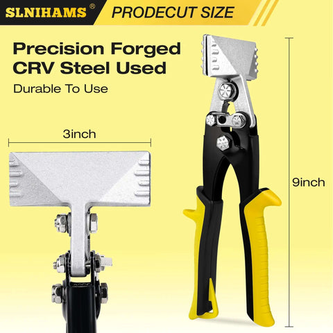 Pro Grade 3 Inch Sheet Metal Hand Seamer Tool For HVAC Pros And DIYers, 9-inch handle, 3-inch jaw, precision CRV steel, ergonomic grip.