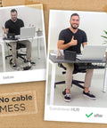 Before and after using Under Desk Cable Tray Set Of Four Black Wire Organizer For Cord Management, showing organized cords.