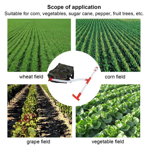 Handheld Manual Fertilizer Spreader With Bag for Farm Crops like corn, sugar cane, vegetable, grape fields shown in application.