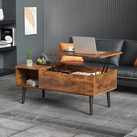 Lift Top Coffee Table With Hidden Storage For Living Room Adjustable Height Up To 6.3 Inches With Sturdy Steel Hinge Small Brown Wooden Center Table With Storage Shelf And Hidden Compartment Perfect For Laptop Work Dining And Chill Lounges in a modern living room setting with a laptop and decor.