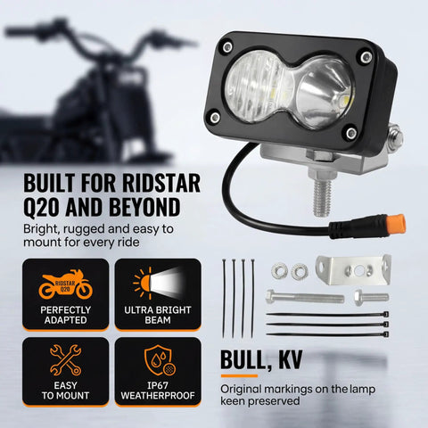 Beast 20W LED Ebike Headlight With 6500K White Yellow Beam IP76 Waterproof Universal 12V-60V Fit For Electric Bikes Motorcycles And ATVs 3-Pin Plug Stable Connection Plug And Play shown with installation accessories.