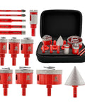 FOCSTOL diamond hole saw drill bit set for porcelain tile, red, 13 pcs with case
