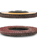 Close-up of the 40 Piece Flap Disc Set For Angle Grinder Four And A Half Inch By Seven Eighths Inch Arbor Type 27 Aluminum Oxide Sanding Discs