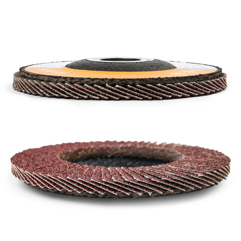 Close-up of the 40 Piece Flap Disc Set For Angle Grinder Four And A Half Inch By Seven Eighths Inch Arbor Type 27 Aluminum Oxide Sanding Discs