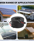 Premium Ten Foot Ten AWG Solar Extension Cable With IP68 Connectors shown with home, RV, boat, and camping solar panels.