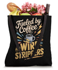 Kickass Electrician Tote Bag Featuring Coffee Wire Strippers Art, black canvas, 16x16 inches, holding various items.