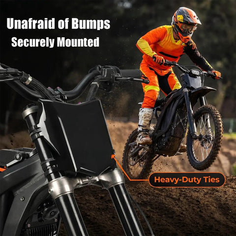 Front Number Plate For Electric Dirt Bikes With Dual Front Shock System Universal Fit For EBikes Like Surron Light Bee X Ridstar Q20 Tuttio Soleil 01 Yozma Macfox And More, black plastic