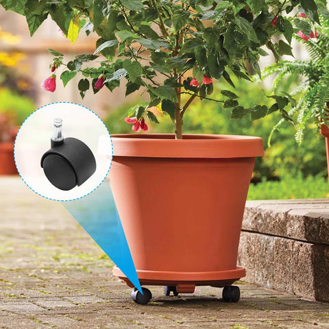 Five Pack 1.5 Inch Swivel Caster Wheels With M8 Circlip Stem 8mm By 20mm attached to a planter in a garden