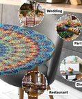 Round fitted tablecloth with elastic for outdoor tables, waterproof and wipeable cover for picnics, camping, and dinners.