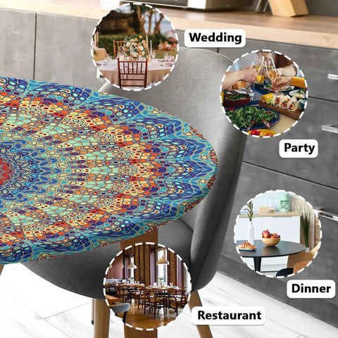 Round fitted tablecloth with elastic for outdoor tables, waterproof and wipeable cover for picnics, camping, and dinners.