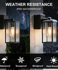 Outdoor Motion Sensor Porch Light With Dual GFCI Outlets Dusk To Dawn Wall Light shown in rain and snow conditions.