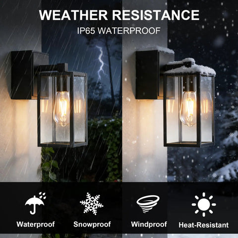 Outdoor Motion Sensor Porch Light With Dual GFCI Outlets Dusk To Dawn Wall Light shown in rain and snow conditions.