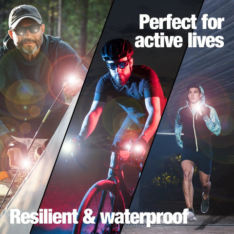 LED Flashlight Gloves For Men Dads From Daughter Son Wife Hands Free Light For Fishing Camping Auto Repair And DIY Projects A Handy As Heck Gift For Him Who Has Everything, three men using gloves while cycling, running, repairing bike under headlights, showcasing resilient waterproof design.