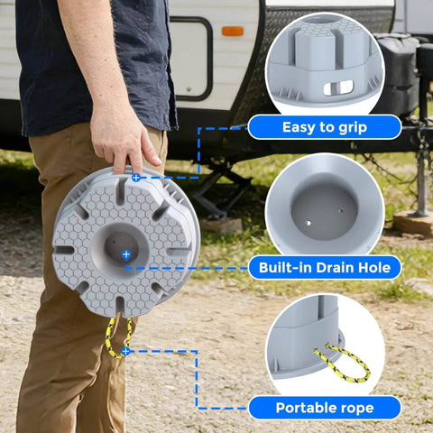 Person carrying Six Inch Height Trailer Jack Block Heavy Duty 40000 Lbs RV Camper Stabilizer Blocks with built-in features