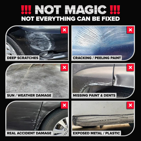 Image showing various car damages like deep scratches, cracking paint, sun damage, missing paint, accident damage, and exposed metal.