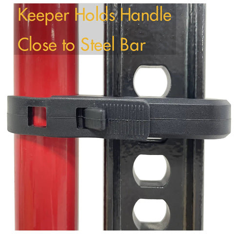Rugged Black Hi-Lift Jack Handle Keeper For Farm Jacks holding handle close to steel bar, showcasing secure fit and durable design.